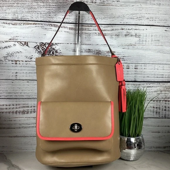 Coach Legacy Archive Rare Tan Coral Pink‎ Leather Hand Shoulder Bag Bucket Purse - Picture 4 of 9